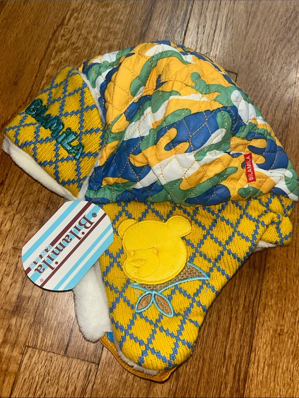 Quilted Cotton Kids Hat in Yellow & Blue NWT